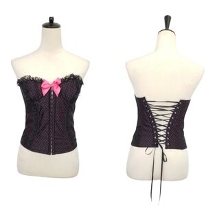 Victoria's Secret Sexy Little Things Pink  Dot Black Lace Corset Bustier 36C Vtg